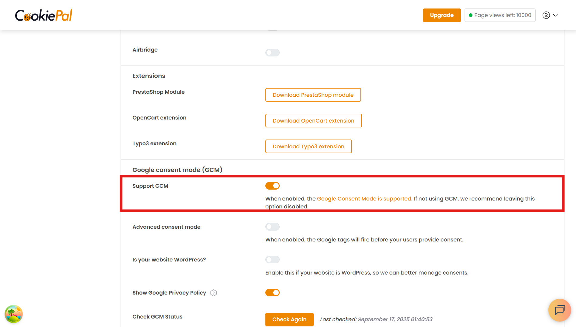 9. Enable GCM support.
