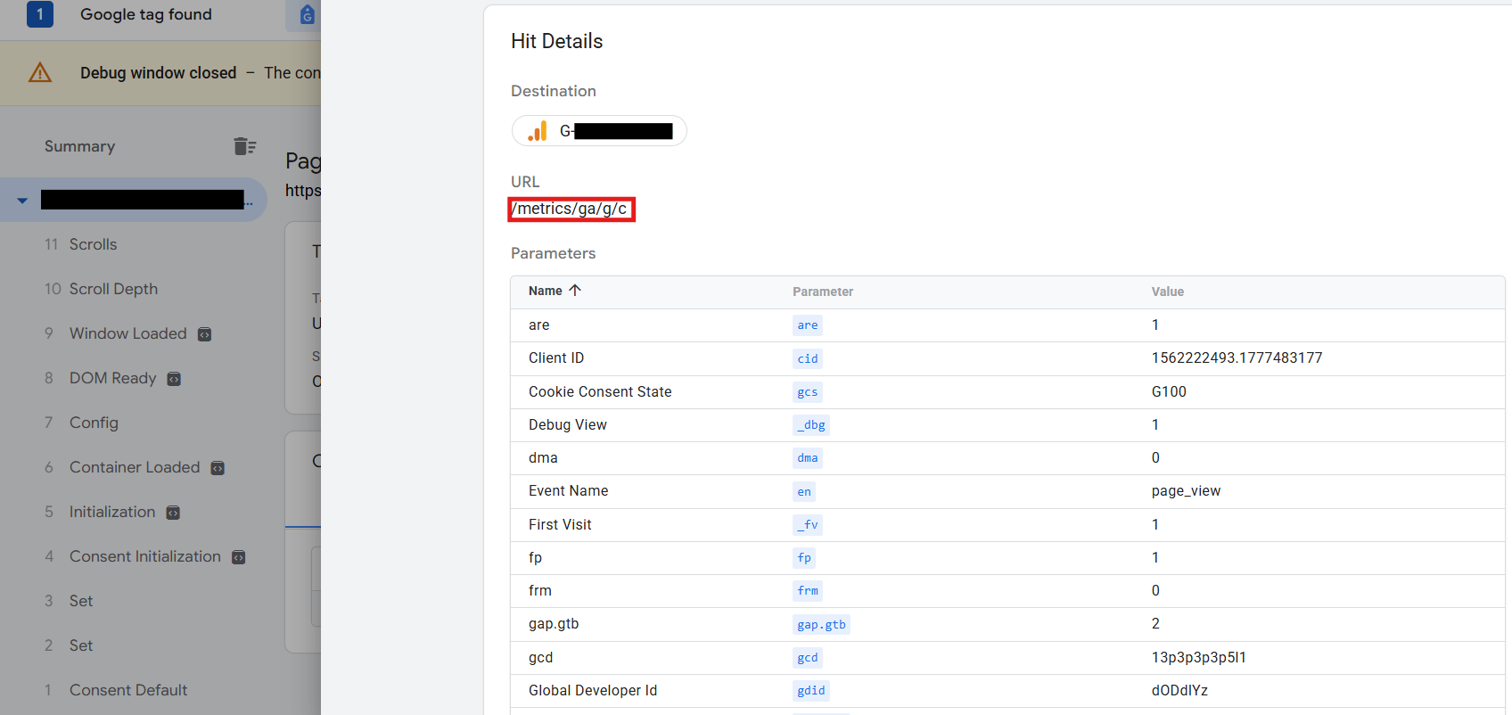 With GTG, the hit URL should use your first-party measurement path, such as `/metrics/ga/g/c`.