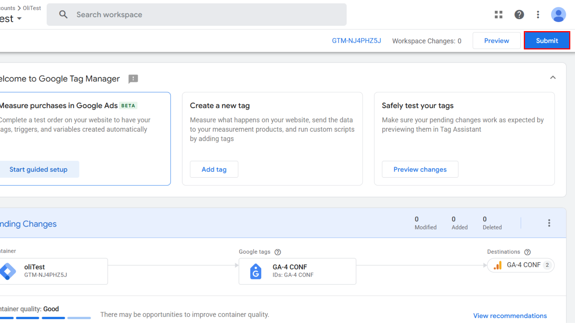 6. Repeat for the other Google tags, then click [Submit:bold] and [Publish:bold].