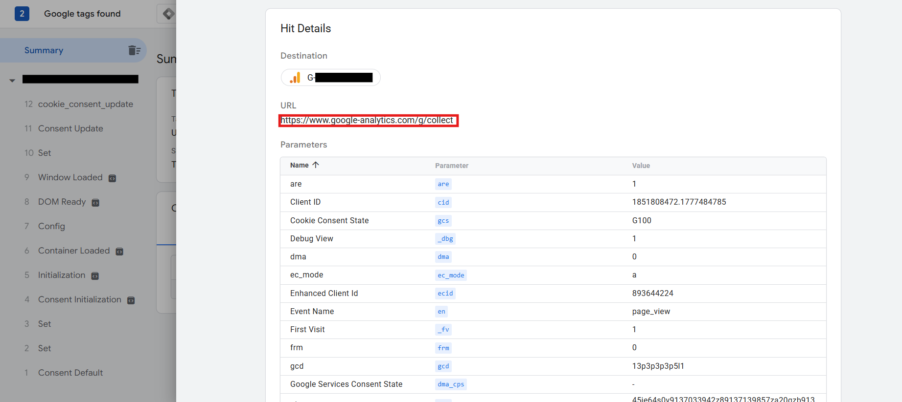 Without GTG, the hit URL can appear as a direct Google Analytics endpoint, such as `https://www.google-analytics.com/g/collect`.